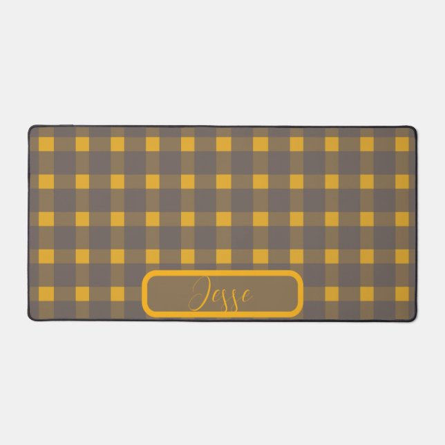 Yellow Grey Gingham Pattern Desk Mat (Front)