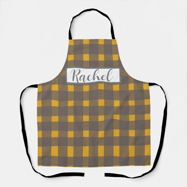 Yellow  Grey Gingham Personalised  Apron (Front)