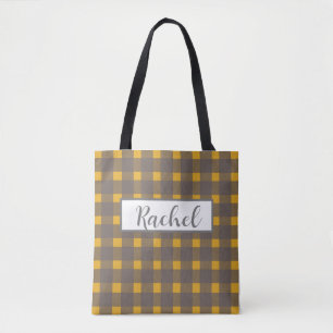Yellow  Grey Gingham Personalised Tote Bag