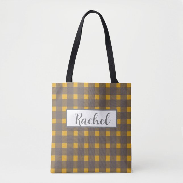 Yellow  Grey Gingham Personalised Tote Bag (Front)