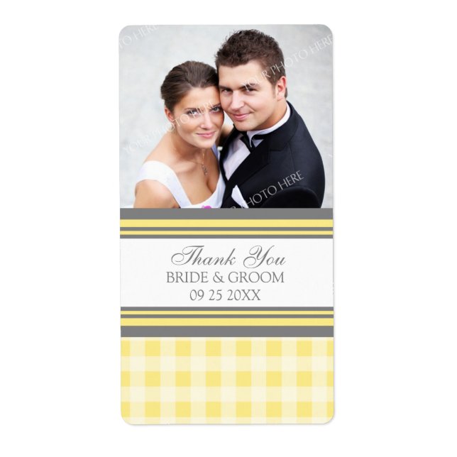 Yellow Grey Gingham Photo Wedding Labels (Front)