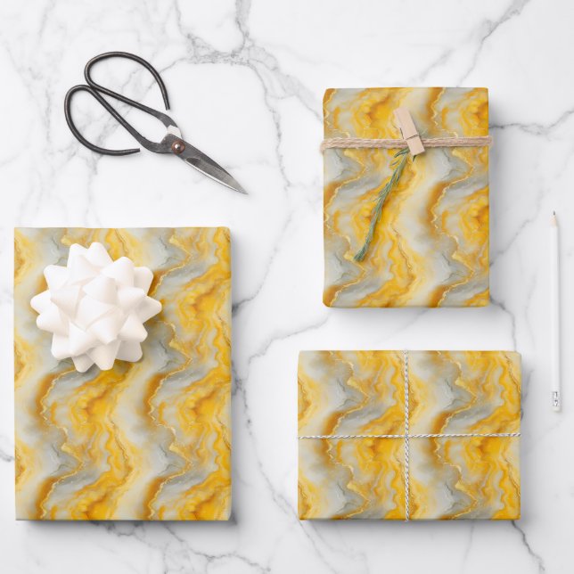 Yellow, Grey & Gold Marble Wrapping Paper Sheet (Front)