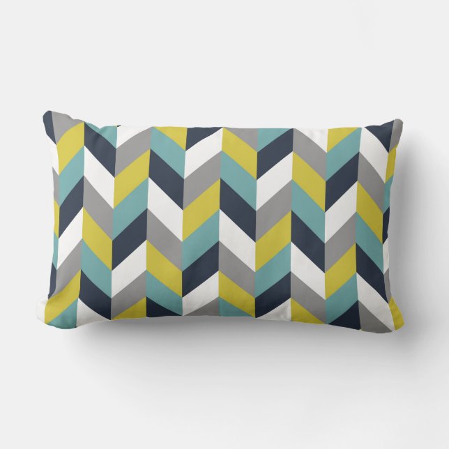 Yellow Grey Green Blue Navy Herringbone Chevron Lumbar Cushion (Front)