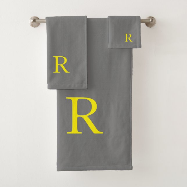 Yellow Grey Grey Monogram Initial Modern Cute Bath Towel Set (Insitu)