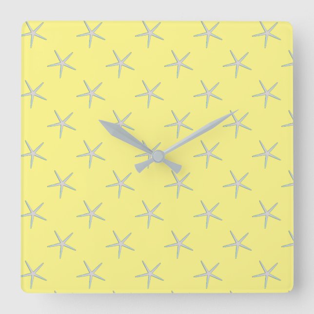 Yellow Grey Grey Teal Starfish Patterns Modern Square Wall Clock (Front)