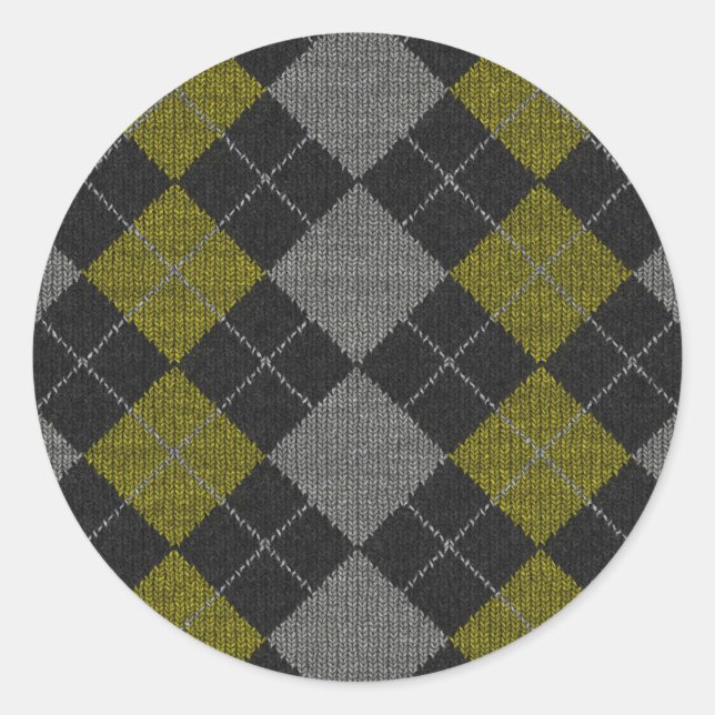 Yellow & Grey Knit Argyle Pattern Classic Round Sticker (Front)