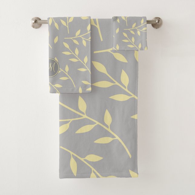 yellow grey leafy branches pattern monogrammed bath towel set (Insitu)