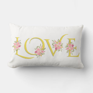 Yellow, grey Love typography roses Valentines Day Lumbar Cushion