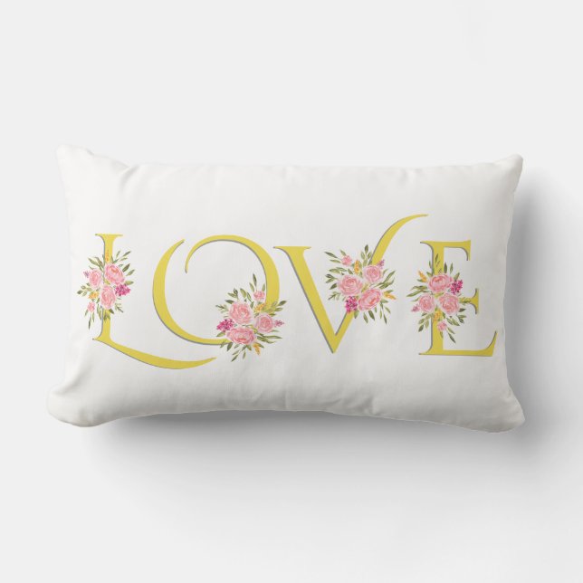 Yellow, grey Love typography roses Valentines Day Lumbar Cushion (Front)