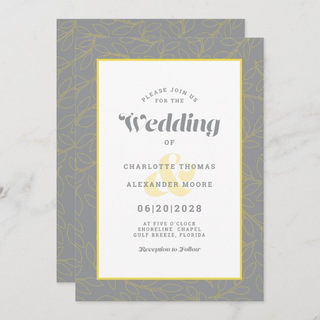 Yellow & Grey Modern Abstract Leaves Pattern Invitation (Front/Back)