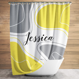 Yellow Grey Modern Geometric Shapes Pattern Name Shower Curtain