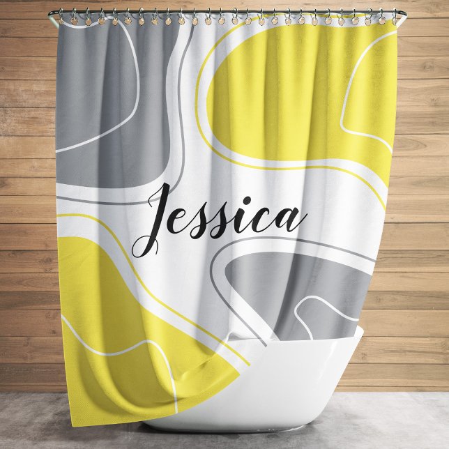 Yellow Grey Modern Geometric Shapes Pattern Name Shower Curtain (Yellow Gray Modern Geometric Shapes Pattern Name Shower Curtain)