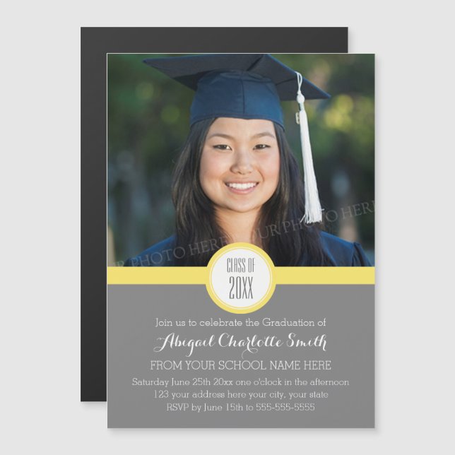 Yellow Grey Modern Graduation Party Magnetic Card (Front/Back)