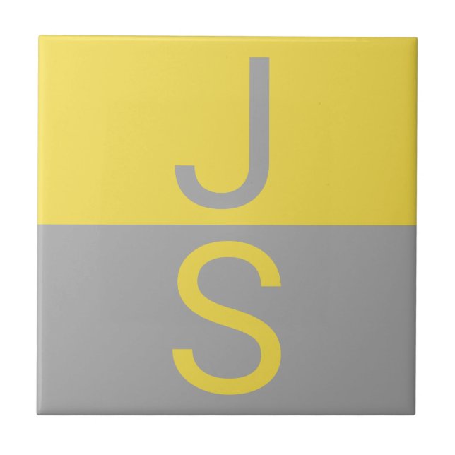 Yellow & Grey Modern Initials Monogram Ceramic Tile (Front)