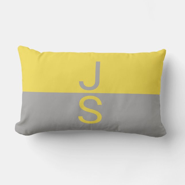 Yellow & Grey Modern Initials Monogram Lumbar Cushion (Front)