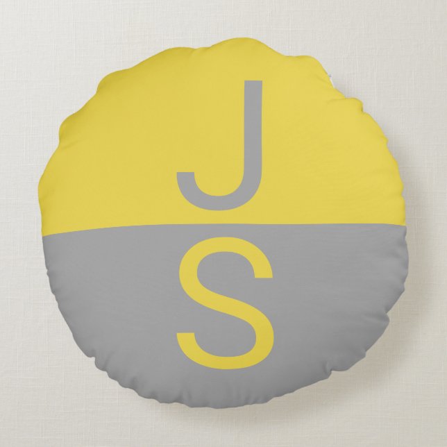 Yellow & Grey Modern Initials Monogram Round Cushion (Back)