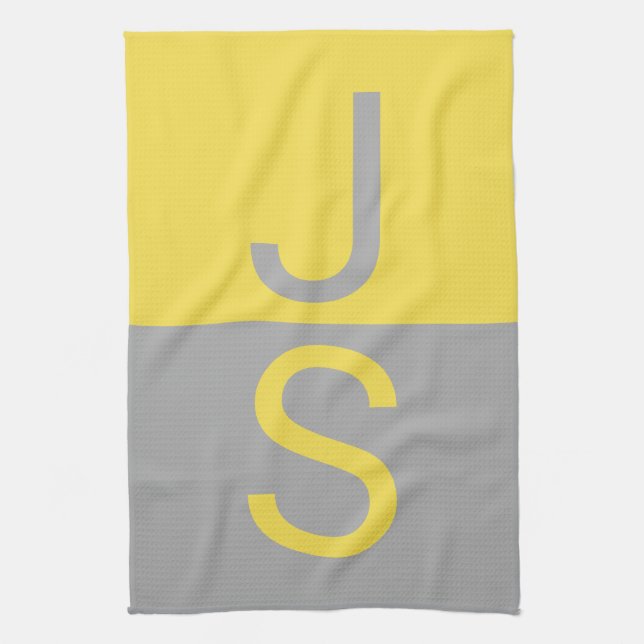 Yellow & Grey Modern Initials Monogram Tea Towel (Vertical)