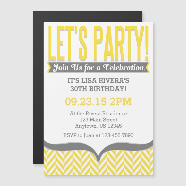 Yellow Grey Modern Magnetic Birthday Invitations (Front/Back)