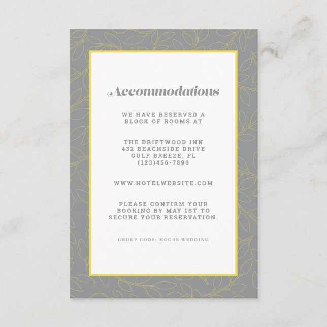Yellow & Grey Modern Wedding Accommodation Detail Enclosure Card (Front)