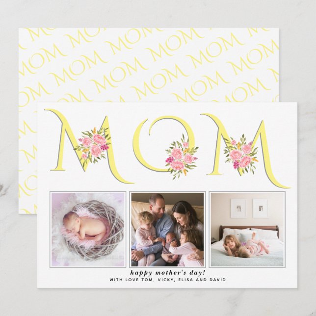Yellow, grey MOM typography photo Mothers Day Holiday Card (Front/Back)