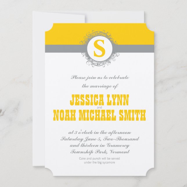 Yellow Grey Monogram Wedding Invite or any colour (Front)