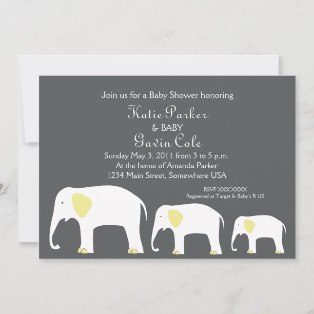 Yellow & Grey Mother and Baby Elephant Invitation (Front)