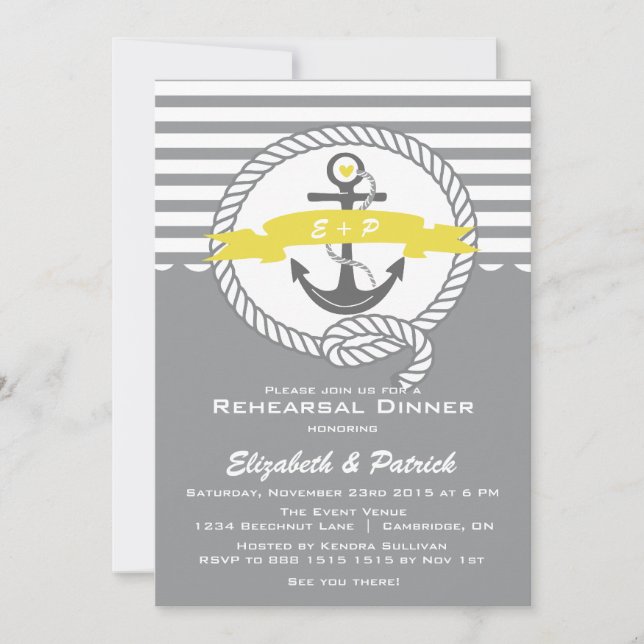 Yellow & Grey Nautical Rehearsal Dinner Invitation (Front)