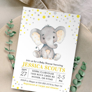 Yellow Grey Neutral Polka Dot Elephant Baby Shower Invitation