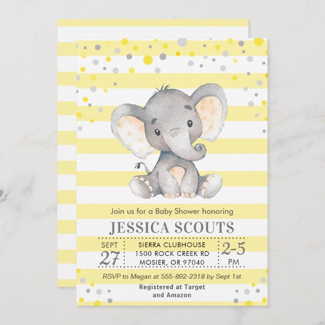Yellow Grey Neutral Polka Dot Elephant Baby Shower Invitation (Front/Back)