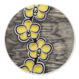 Yellow Grey Orchid Ceramic Knob
