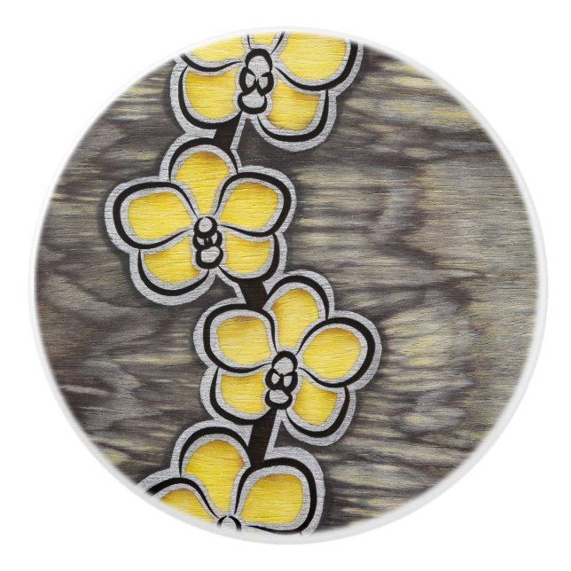 Yellow Grey Orchid Ceramic Knob (Front)