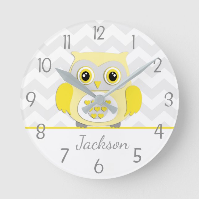 Yellow Grey Owl Nursery Wall Clock (Front)