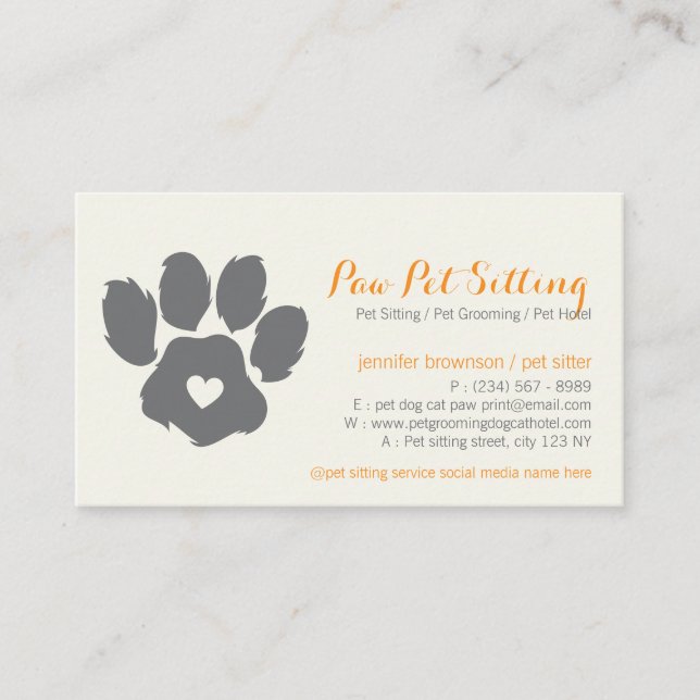 Yellow Grey Pet Sitter Social Media Dog Cat Paw Business Card (Front)
