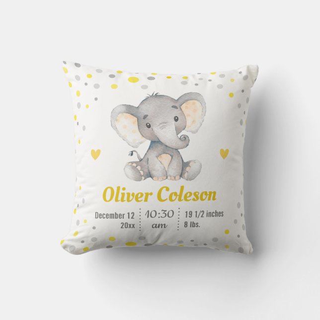 Yellow Grey Polka Dot Elephant Baby Stats Nursery Cushion (Front)