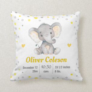 Yellow Grey Polka Dot Elephant Baby Stats Nursery Cushion