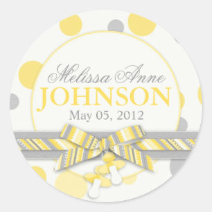 Yellow & Grey Polka Dots Announcement Classic Round Sticker