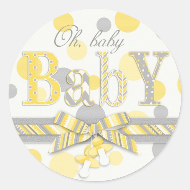 Yellow & Grey Polka Dots Baby Shower Classic Round Sticker (Front)