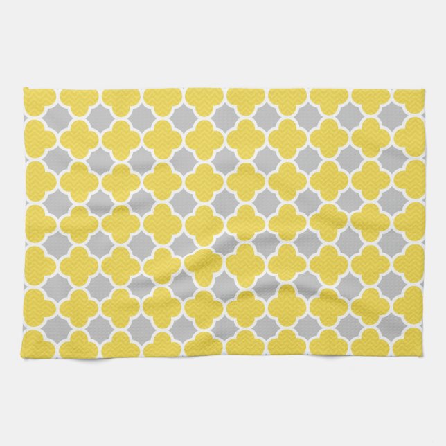 Yellow & Grey Quatrefoil Geometric Pattern Tea Towel (Horizontal)