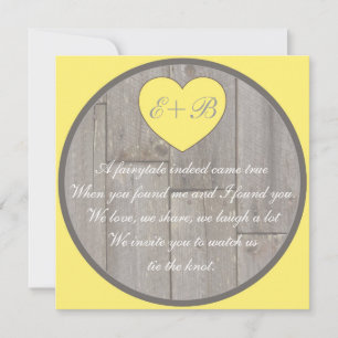 Yellow grey rustic heart rhyming wedding invites