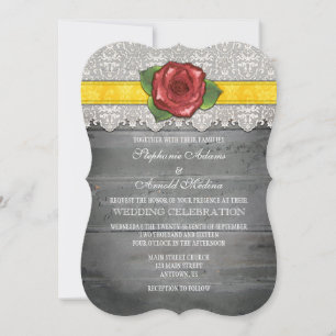 Yellow Grey Rustic Wood Rose Wedding Invite