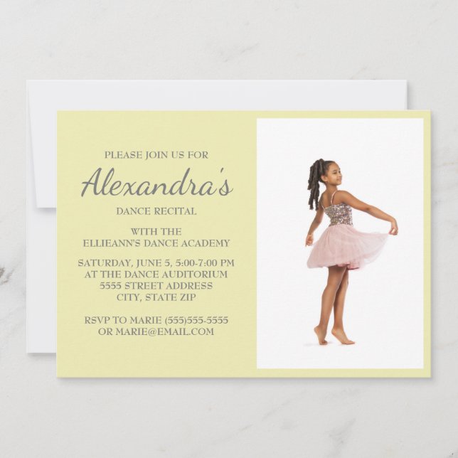 Yellow Grey Script Dance Recital Photo Invite (Front)