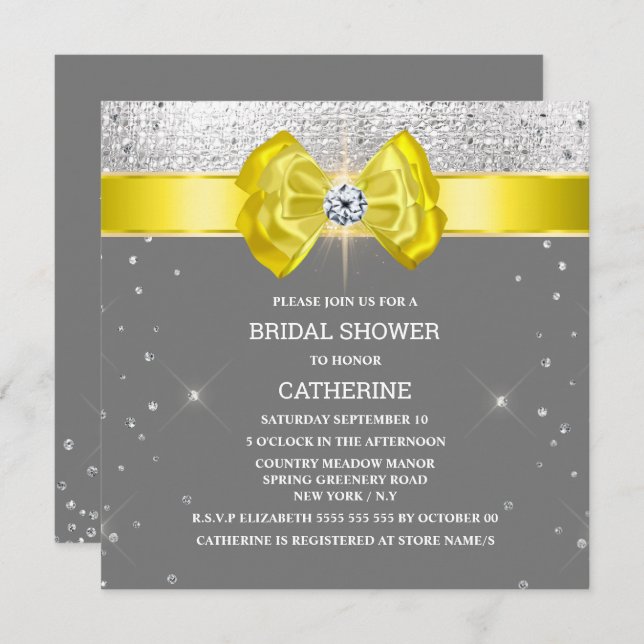 Yellow grey silver glitter bow elegant sparkle invitation (Front/Back)
