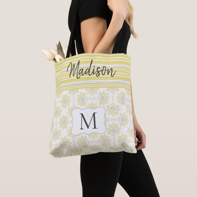 Yellow Grey Stripes Bee Trendy Initial Monogram Tote Bag (Close Up)