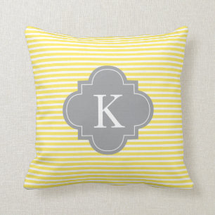 Yellow Grey Stripes Quatrefoil Monogram Cushion