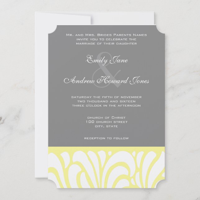 Yellow & Grey Swirl Pattern Wedding Invitation (Front)