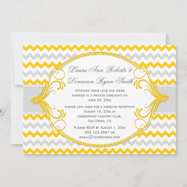 Yellow Grey Swirls Frame Chevron Reception Only Invitation (Front)