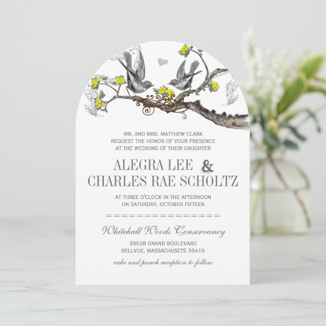 Yellow & Grey Vintage Birds Wedding Invite (Standing Front)