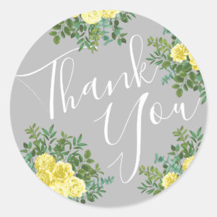 Yellow & Grey Vintage Elegant Floral Wedding Classic Round Sticker