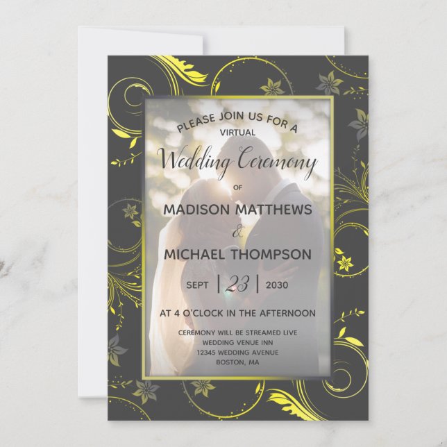 Yellow Grey Virtual Wedding Livestream Wedding Invitation (Front)