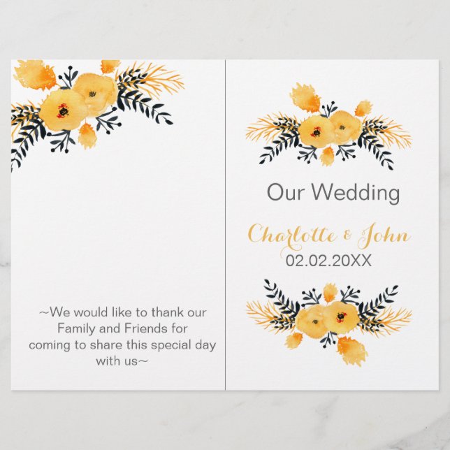 yellow grey watercolor floral wedding program (Front)